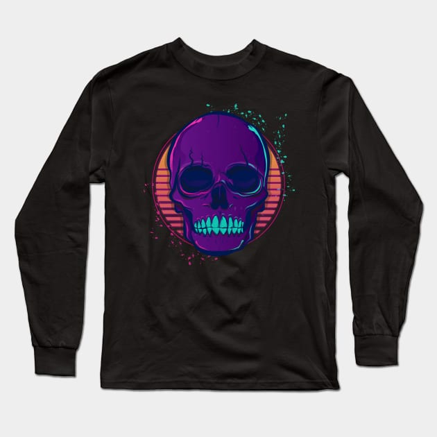 Skull & Sunset Retrowave Long Sleeve T-Shirt by edmproject